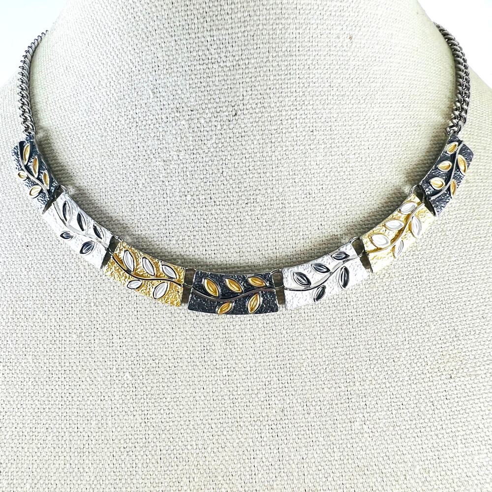 Modernist Mixed Metal Necklace Textured Silver Gold Leaf Design Elegant